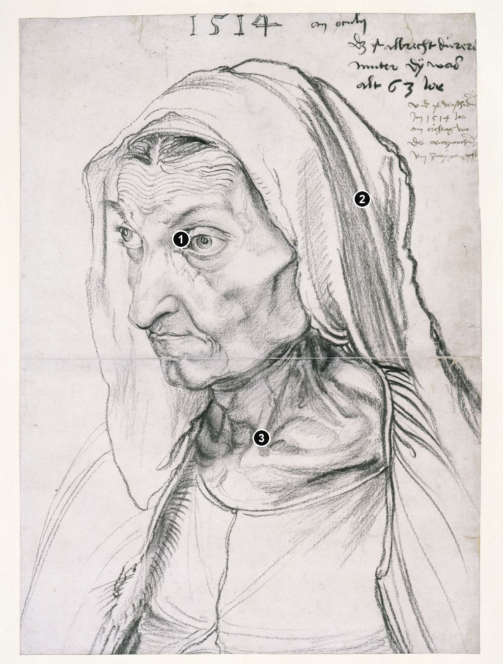 Annotated details from Portrait of Barbara Dürer by Albrecht Dürer